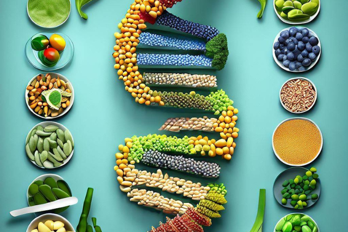 Nutrigenética: una serie de alimentos formando la helice del ADN